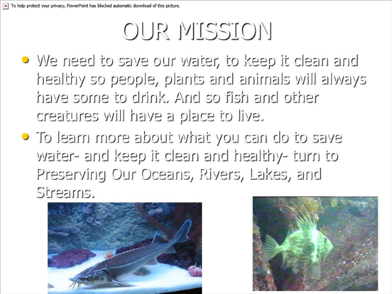 OUR MISSION We need to save our water, to keep it clean and healthy